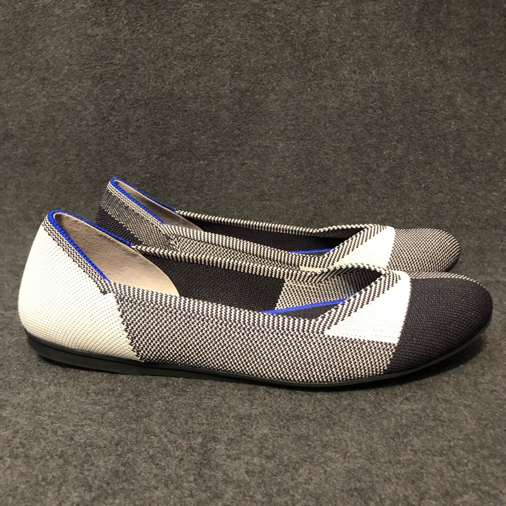 Rothy's Black Cream Knit Fabric Round Cap Toe Ballet Flats Shoes 8 Buffalo Plaid